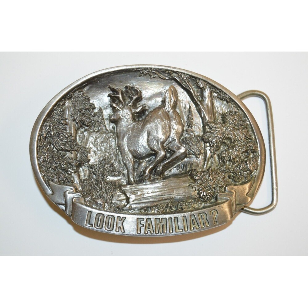 Vintage 1988 "Look Familiar?" Deer Buck Rear End Jumping Hunter Belt Buckle MINT
